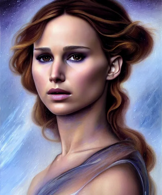 Prompt: half nathalie portman half Jennifer lawrence a fantasy magic woman portrait by Sandro Botticelli, oil painting masterpiece, sci-fi, loving amber eyes, face, long hair, fantasy, intricate, elegant, highly detailed, digital painting, soft diffuse lightning, concept art, smooth, sharp focus, illustration, art by artgerm and greg rutkowski and alphonse mucha