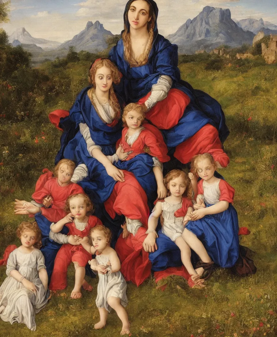 Prompt: Detailed Portrait of beautiful Madonna with two children playing in the style of Raffael. Children are very small and only cloth is blue linen. Madonna has a blue skirt and a red shirt. They are sitting in a dried out meadow. In the background, there is a lake with a town and mountains. Flat perspective.