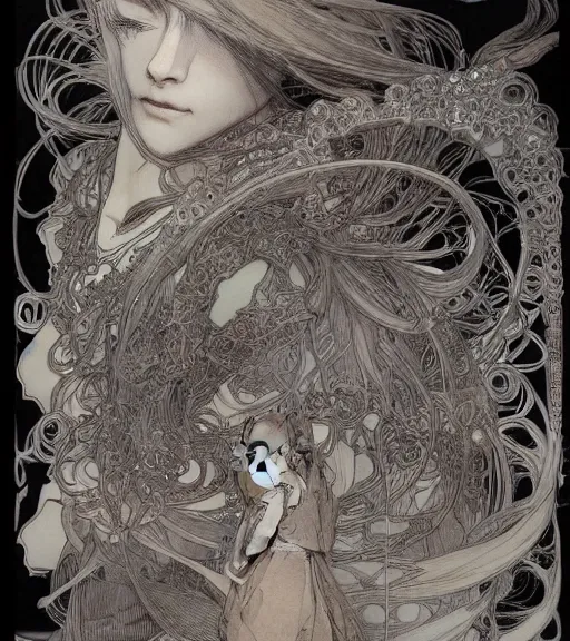 Image similar to yoshitaka amano anime painting, intricate line drawings, pen and ink, alphonse mucha, claire wendling, kentaro miura, ruan jia