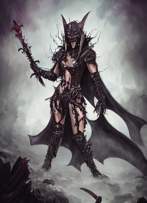 Prompt: female vampire warrior, black plate armor, barefoot, monstrous carnival mask, giant two - handed sword dripping blood, bat - like wings, grinning, sharp teeth, fantasy art.