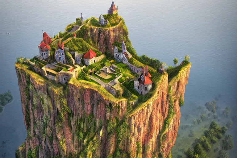 Image similar to an enchanting castle on a cliff by gediminas pranckevicius, aerial view