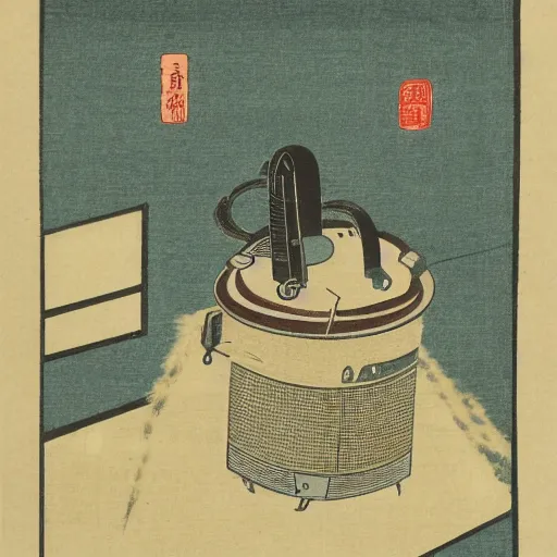 Image similar to japanese woodblock print of a vacuum cleaner