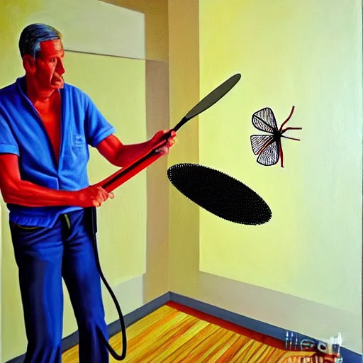 Image similar to hyperrealism painting from the housefly perspective getting swatted at from a man with a fly swatter in the kitchen