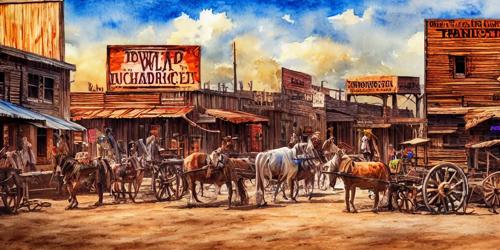 Image similar to watercolor painting of wild west town with very few people, western, old west, vivid colors, warm colors, high production value, intricate details, high resolution, hyperrealistic, hdr, high definition, masterpiece, ultra realistic, highly detailed, hd, sharp focus, non blurry, sharp, smooth