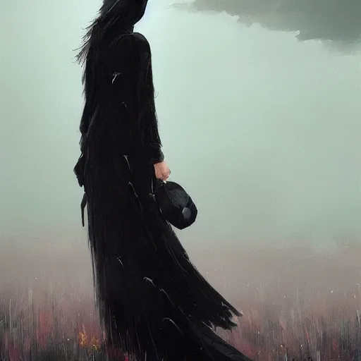 Image similar to morning, a woman in a black dress with a raven head. no face. sun, cinematic, clouds, vogue cover style, contracting colors mood, realistic painting, intricate oil painting, high detail, figurative art, poster art, by simon bisley, ismail inceoglu, wadim kashin, filip hodas. pixar theme.