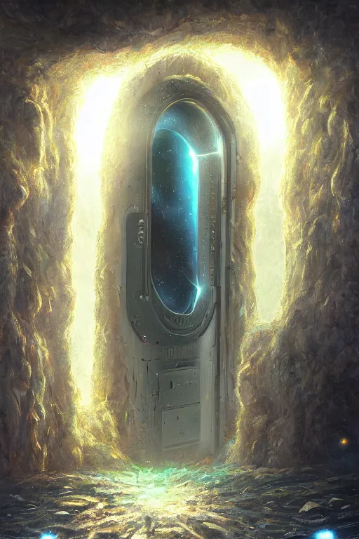 Image similar to A hyperdetailed digital oil painting of A doorway to the galaxy, Trending on ArtStation and DeviantArt