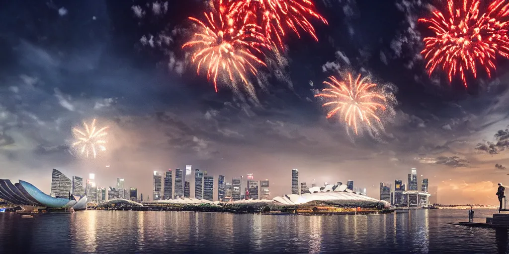 Image similar to Singapore city, Singapore Esplanade, Singapore Marina Bay, with a lion-shaped cloud in the sky and fireworks in the sky, by greg rutkowski, red and white lighting, digital art, ultra realistic, ultra detailed, photorealistic, 4k, character concept