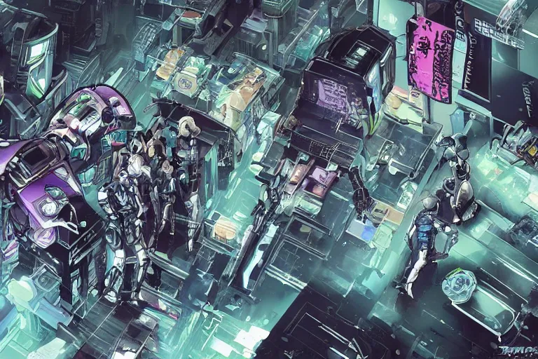 Image similar to a cyberpunk illustration of a group of female androids in style of masamune shirow, repairing each other after a huge battle. Many of the androids will not survive, hyper-detailed, intricate, view from above