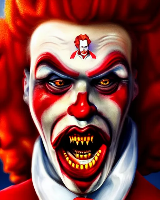 Image similar to dracula ronald mcdonald, character portrait, close up, concept art, intricate details, highly detailed, photorealism, hyperrealism in the style of otto dix and h. r giger