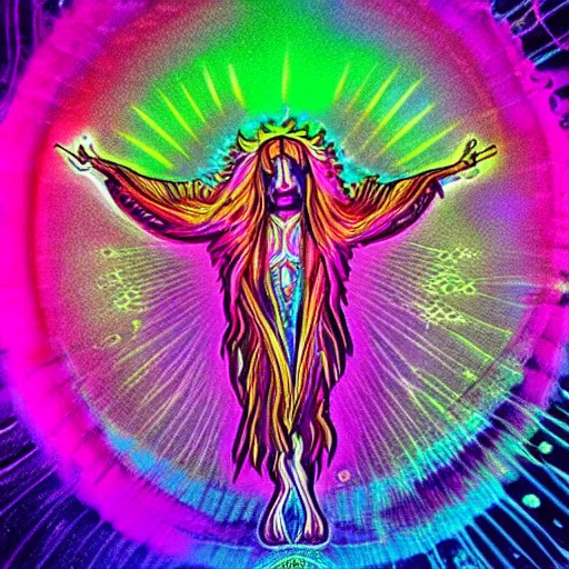 Prompt: flowing psychedelic trippy iridescent neon shamanic deity