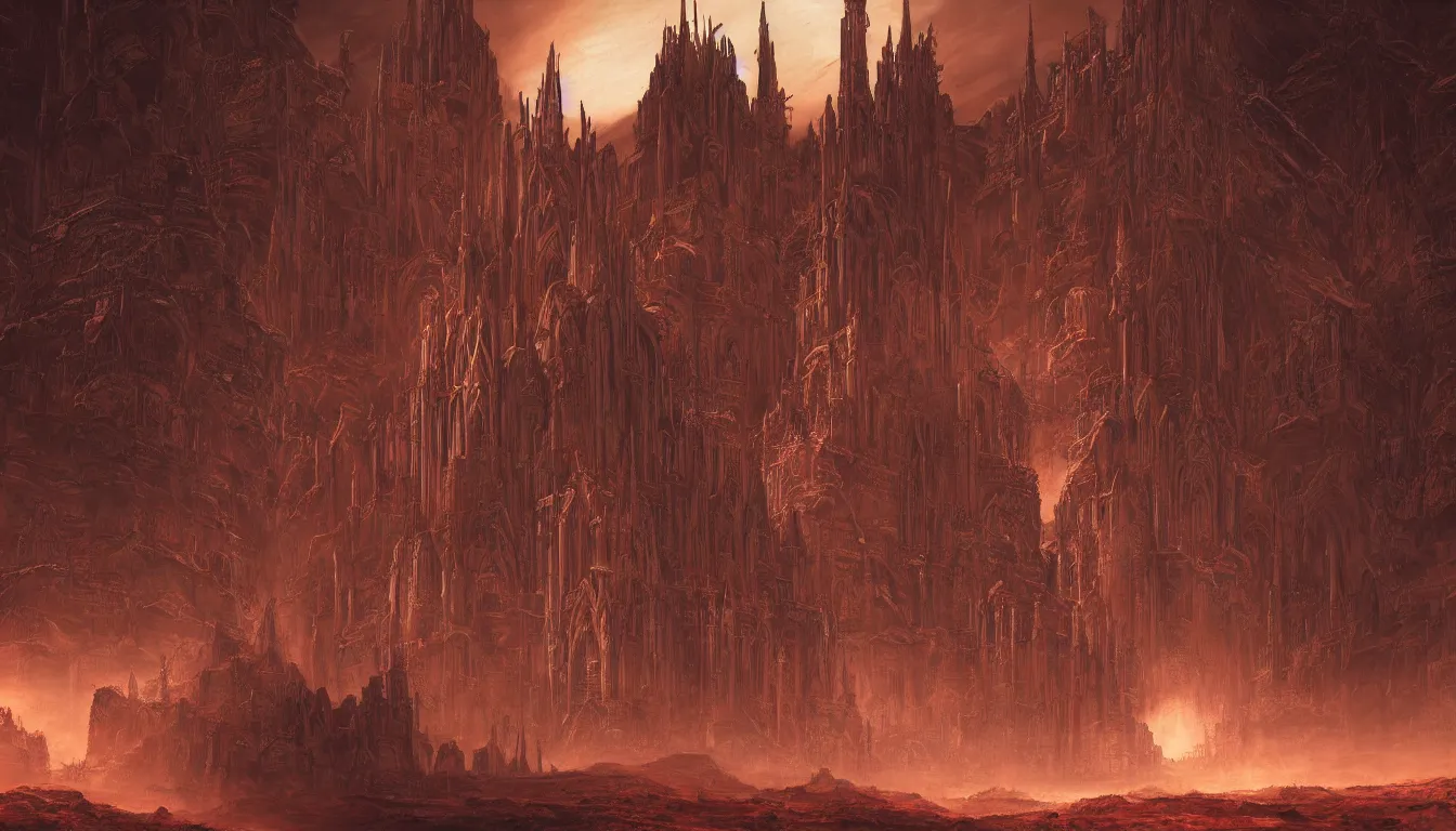 Prompt: A Cathedral in Mars, architecture in the style of Warhammer 40k Adeptus Mechanicus, digital art in the style of Wayne Barlowe, highly detailed