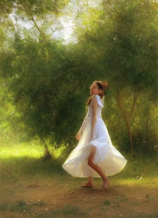 Image similar to There is a tree by the river, a girl wearing a white skirt swinging under the tree, by Vicente Romero Redondo