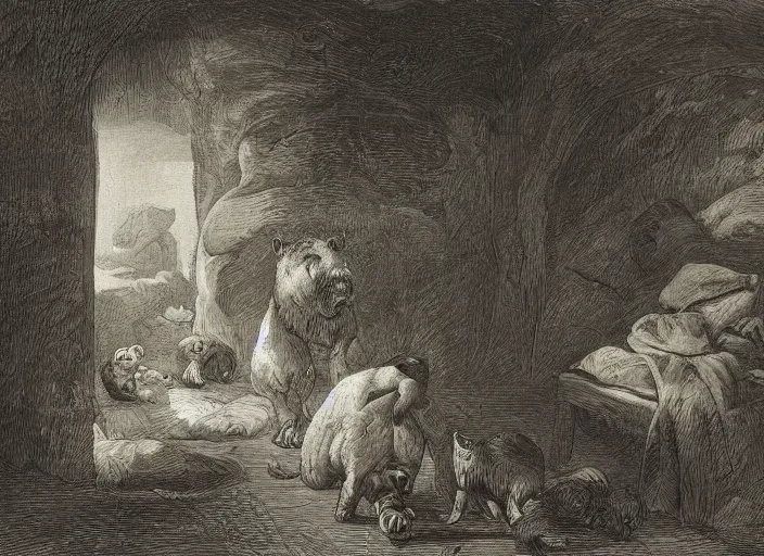 Prompt: Pieter Claesz's 'viewer looking into dark cave and seeing a mother bear and her cubs sleeping', night time, cross hatching, framed painting hanging over couch