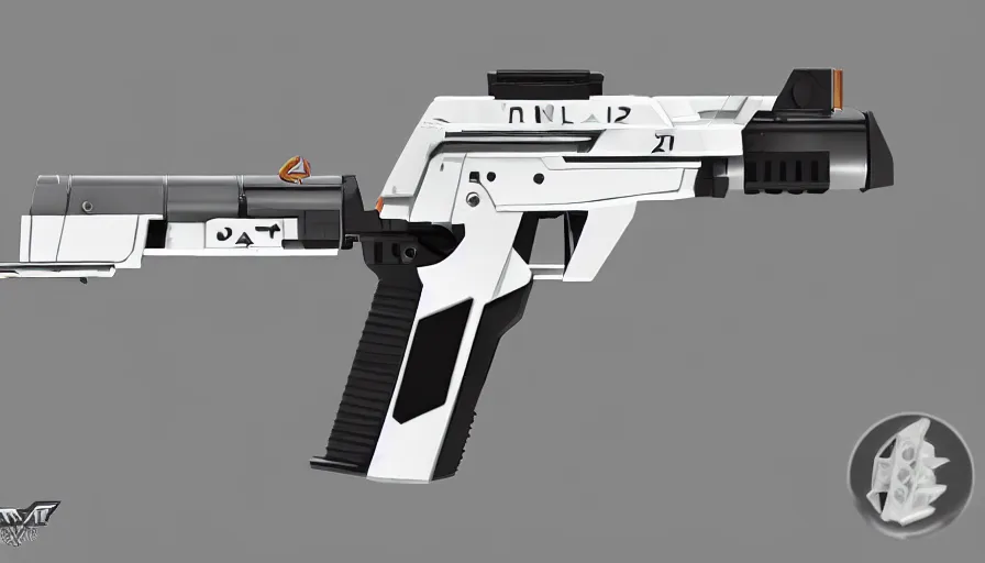 Image similar to extremely detailed ultra realistic side view of a sci fi hyper minimalist magnum pistol coilgun, detailed trigger, chemically propelled, battery, smooth streamline, battery and wires, railgun, chemrail, gauss, elegant sleek smooth body, white paint, smooth utopian design, ultra high quality, octane, cod, destiny, warframe, terminator