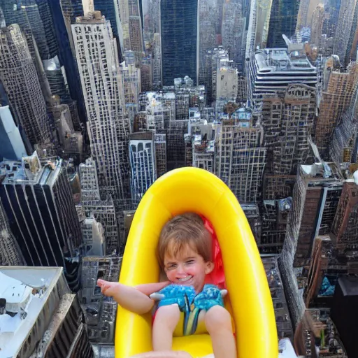 Prompt: sitting in a small kiddie pool that is falling 5 0 0 feet above nyc