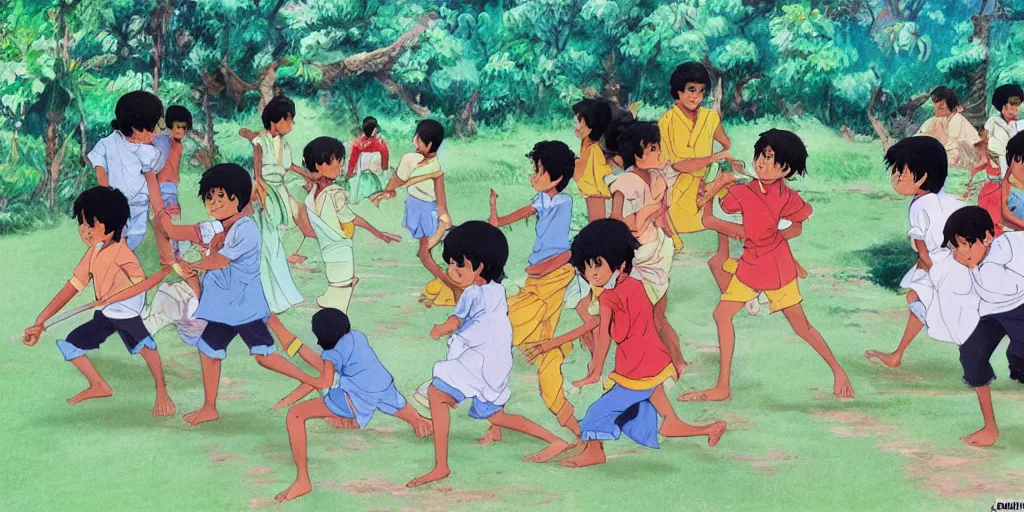 Image similar to sri lankan kids playing, drawn by hayao miyazaki
