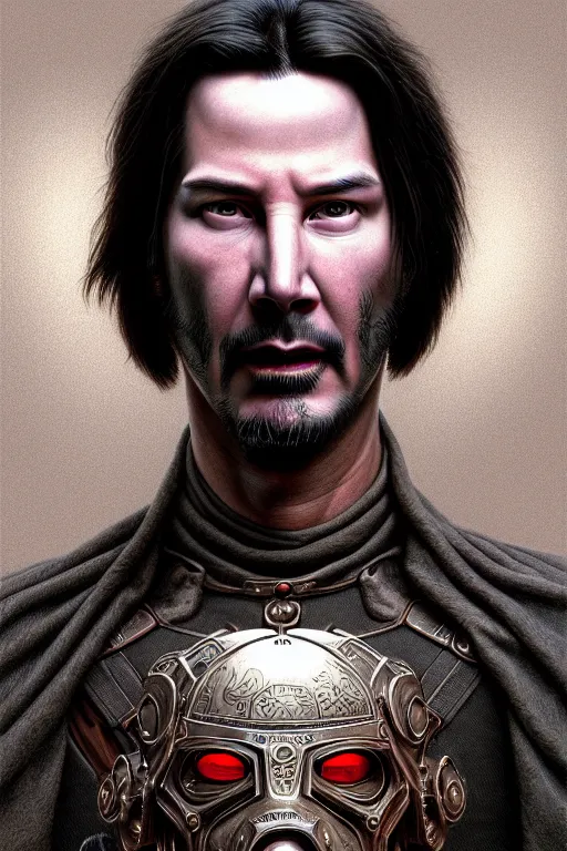 Prompt: anthropomorphic dodecahedron head in ugly shroudspine keanu reeves battle master, intricate, elegant, highly detailed face, wide angle, digital painting, artstation, concept art, sharp focus, illustration, art by artgerm, bob eggleton, stephen hickman, wayne barlowe, greg rutkowski, alphonse mucha, 8 k