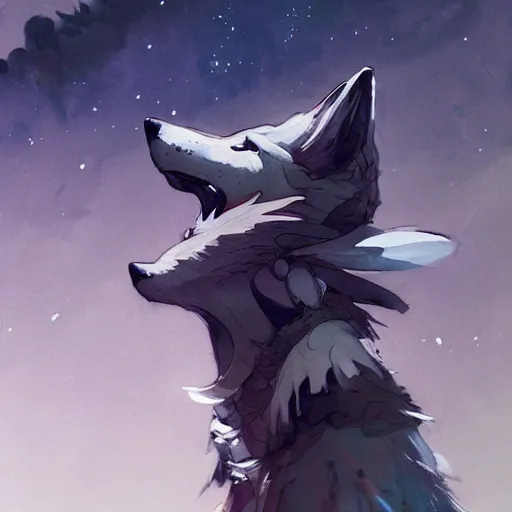 Prompt: concept art of anthropomorphized wolf night sky themed, highly detailed painting by dustin nguyen, akihiko yoshida, greg tocchini, 4 k, trending on artstation, 8 k