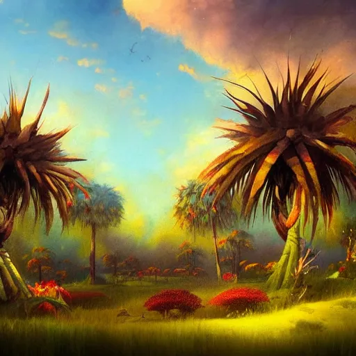 Image similar to a concept painting in the style of esao andrews of a village with beautiful dramatic clouds, dappled lighting, lush landscaping, date palm trees, shrubs and flowers. esao andrews, trending on artstation