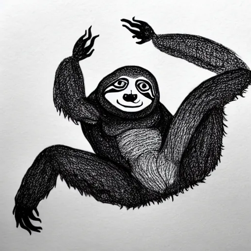 Image similar to sloth with eight arms, drawn with a black 0. 3 mm fineliner on a white paper