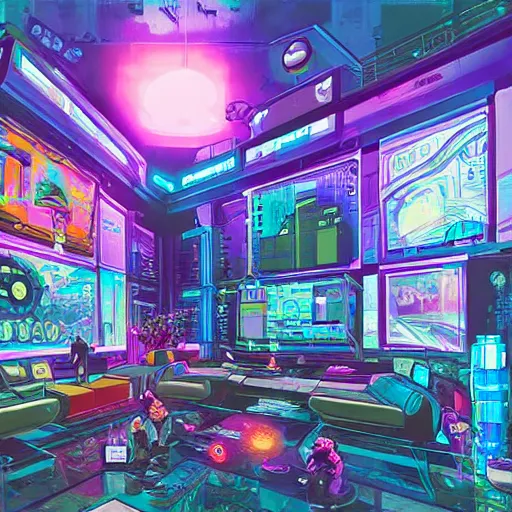 Image similar to Lofi vaporwave sci-fi cyberpunk epic video game room with large window looking out at overpopulated future city, Pixar style, Tristan Eaton, Stanley Artgerm, Tom Bagshaw