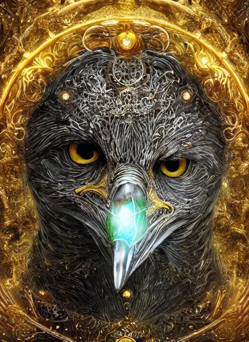 Image similar to best book cover design, glowing silver and golden elements, full close-up portrait of realistic crow with gems, book cover, green forest, white moon, establishing shot, extremly high detail, photo-realistic, cinematic lighting, by Yoshitaka Amano, Ruan Jia, Kentaro Miura, Artgerm, post processed, concept art, artstation, matte painting, style by eddie mendoza, raphael lacoste, alex ross