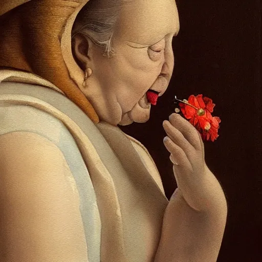 Image similar to a very funny stylize oil painting in renaissance style of a sweet fat old woman kissing her reflection. symmetry face, red mouth, blue eyes. flowery dress. hyper realistic scene. 3 d, octane render, deep focus, white scene. very funny and sweet image. unreal engine. watercolor. fellini style. klee style.