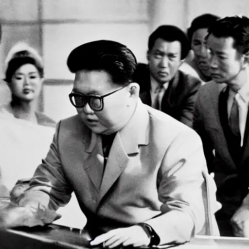 Image similar to Kim Jong-il in the role of James Bond, action filmstill, 1960s spy, Walther PPK