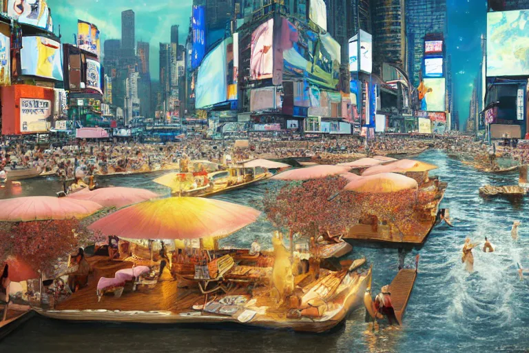 Image similar to floating markets of times square river in kyoto kamo gold river during sakura season on thermal waters flowing down gold travertine terraces during interstellar aurora borealis, royal blue waterfalls, vendors, festivals, fun, by peter mohrbacher, james jean, james gilleard, greg rutkowski, vincent di fate, rule of thirds, octane render, beautiful landscape