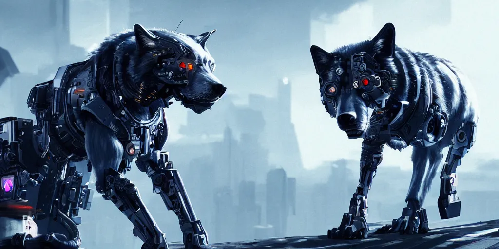 Image similar to Cyborg wolf with cyberpunk background, high detailed, octane, cinematic, 8k?