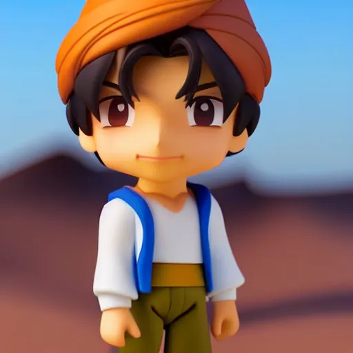 Image similar to profile view of young aladdin as nendoroid walking in a desert, wearing typical clothes, 8 k, hd, dof, kodak film, volumetric lighting, subsurface scattering, photorealistic, octane render