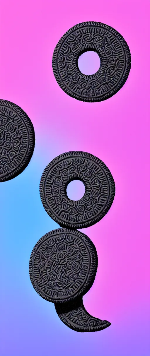 Prompt: octane render of an oreo, three point lighting, pink to blue gradient backround, hyper realistic