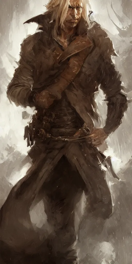 Prompt: portrait of a muscular, grim, ponytail haired blonde man in his late 30's, wearing a thick brown leather coat, looking to his side, hunter, DnD character, fantasy character, dramatic lighting, digital art by Ruan Jia, Krenz Cushart, Rossdraws and Boris Vallejo