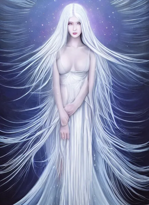Image similar to tall thin beautiful goddess, pale wan female angel, long flowing silver hair covering her whole body, beautiful painting, young wan angel, flowing silver hair, flowing white robes, flowing hair covering front of body, white robe, white dress of silver hair, covered, clothed, aesthetic, mystery