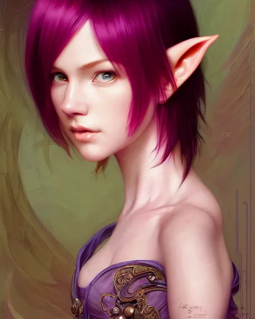 Image similar to portrait of pink short haired half elf with bangs, intricate, elegant, highly detailed, my rendition, digital painting, artstation, concept art, smooth, sharp focus, illustration, art by artgerm and greg rutkowski and alphonse mucha and uang guangjian and gil elvgren and sachin teng and wlop, symmetry!!