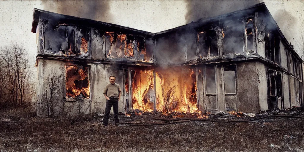 Prompt: detailed analog medium format photo made by tarkovsky, polaroid photo of a man standing outside abandoned building in country while it is burning in flames, high production value, intricate details, 8 k resolution, hyperrealistic, hdr, photorealistic, high definition, tehnicolor, award - winning photography, masterpiece, amazing colors,