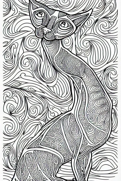 Image similar to sphynx cat statue ornaments fractal ink drawing line art colouring page, vector, margins, fine lines, centered