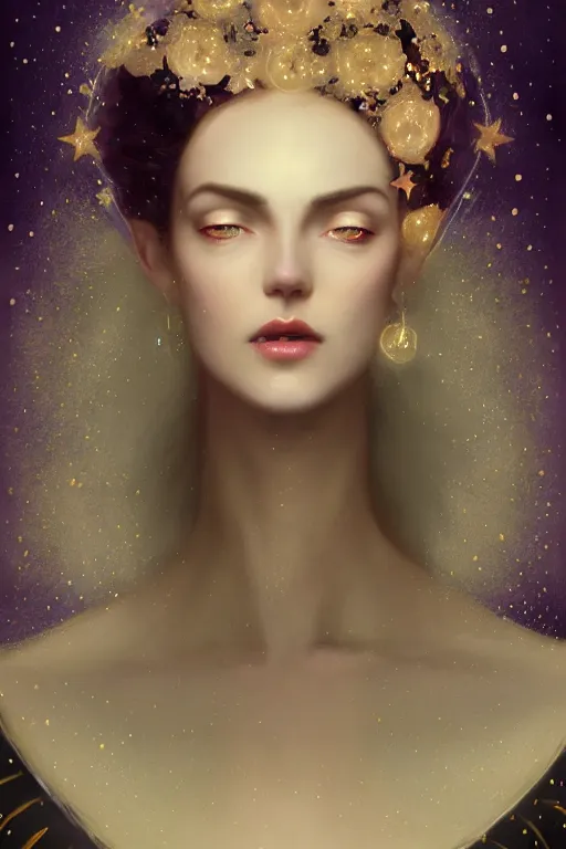 Image similar to Nocturne, glowing, stars, a long-legged elegant evil woman, highly detailed, mysterious, ethereal, dressed in dark violet velvet, haute couture, illustration, dramatic lighting, soft details, painting, by Edmund Blair Leighton, Brom, Charlie Bowater, trending on artstation, faces by Tom Bagshaw, otto schmidt