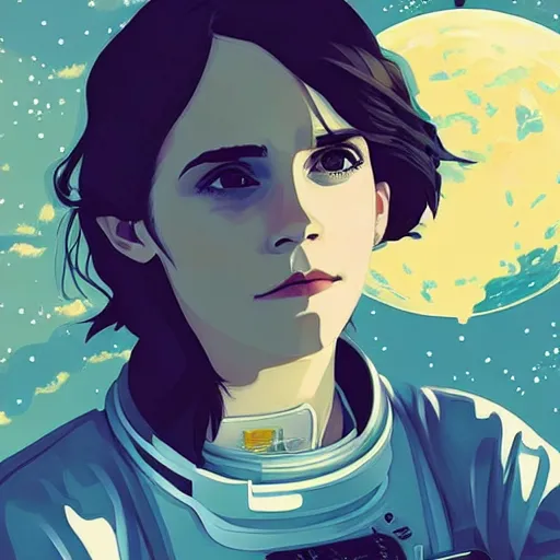 Image similar to emma watson light novel illustration as an astronaut by makoto shinkai by victo ngai