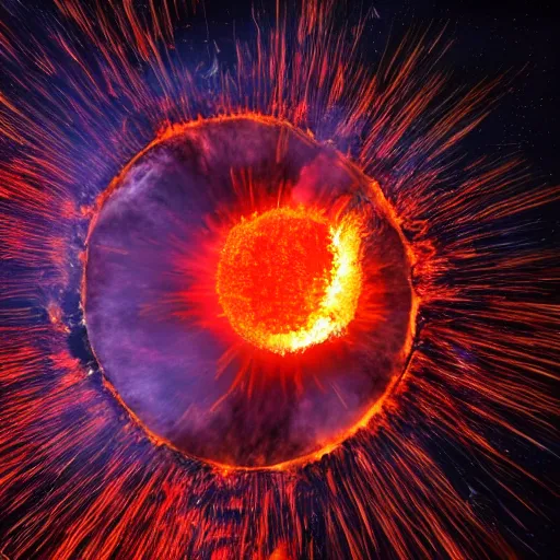 Image similar to red hot burning sphere embedded in fireball explosion with fire, 4 k