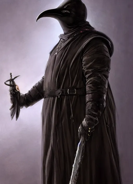 Prompt: a portrait, a chubby humanoid wearing a pointy bird style black plague doctor mask, realistic, short in stature, wearing black medieval robes, medical doctor, small vials and pouches attached to belt, pointy mask, style by donato giancola, wayne reynolds, jeff easley dramatic light, high detail, cinematic lighting, artstation, dungeons and dragons