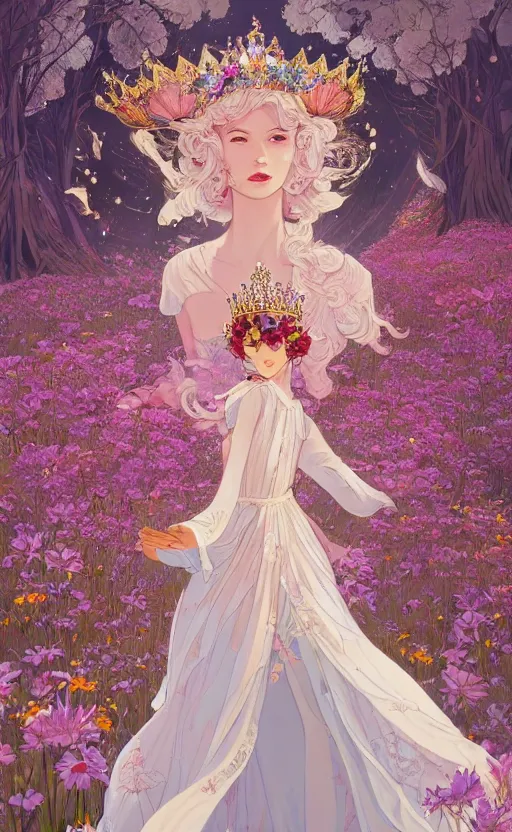 Prompt: A beautiful fantasy magician, highly detailed full body, amazing flower tiara, wearing aristocrat robe, delicate figure, field of flowers, epic composition, ultra wide-shot, dynamic pose, concept art, beautifully lit, digital painting, smooth, character design, sharp focus, elegant, intricate, trending on artstation, by WLOP and James Jean and Victo Ngai