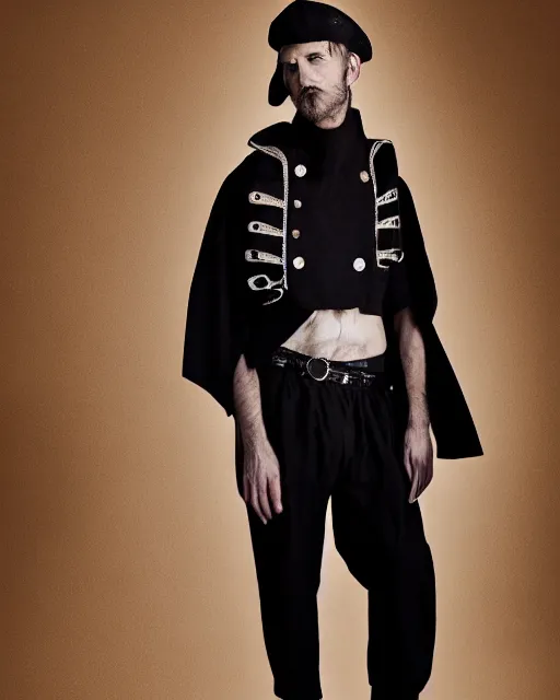 Image similar to an award - winning photo of an ancient male model wearing a plain cropped baggy pirate designer menswear cloth jacket designed by alexander mcqueen, 4 k, studio lighting, wide angle lens