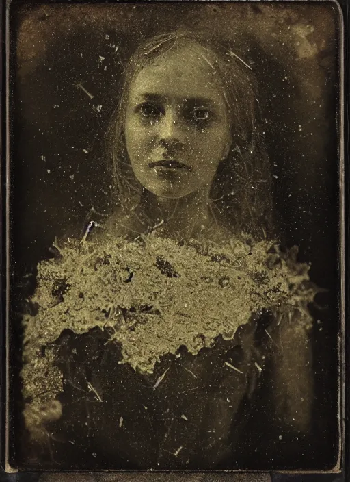 Image similar to old wetplate daguerreotype portrait, explosion of data fragments, thin micro fibers, fractal, intricate, elegant, highly detailed, parallax, leica, medium format, subsurface scattering, by jheronimus bosch and greg rutkowski and louis jacques mande daguerre