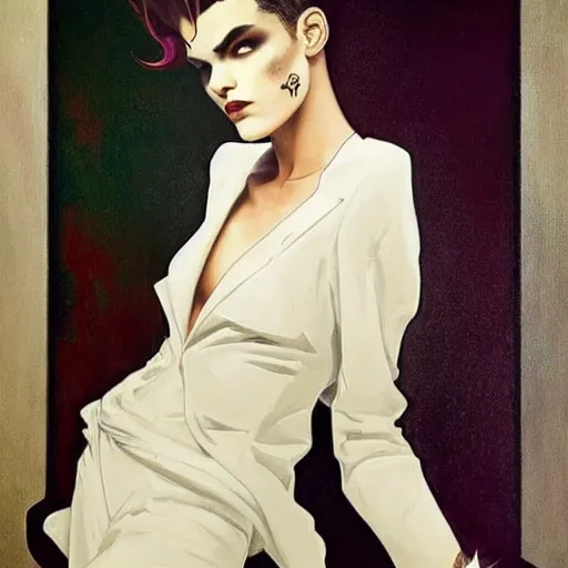 Image similar to beautiful portrait of androgynous ruby rose as desire from sandman in a white tuxedo!!!, rockabilly style,, by alphonse mucha, by jeremy mann, by peter lindbergh, cedric peyravernay, by frank moth, white suit and black tie, soft lightning, high detailed, 8 k