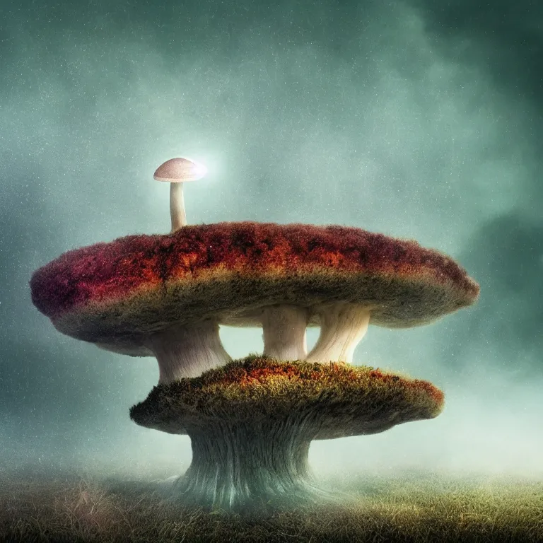 Image similar to a planet of various fungus, mushrooms and plants, inside the picture is infinity, Atmospheric phenomenon, artistic photography, muted colors, conceptual, long exposure outside the city, volumetric light