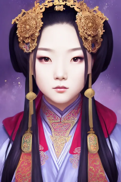 Prompt: a lovely and shiny young empress of qing dynasty, face by artgerm, ross tran, fuji choko, loish, 8 k resolution, attractive, symmetrical portrait, beautifully detailed landscape of ruin, trending on pixiv and pinterest, charming black eyes, luxury, perfect face, smooth, dreamlike