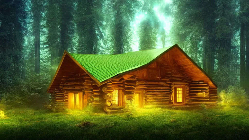Image similar to portrait of an ethereal log cabin made of golden blue and green light, evergreen forest, divine, cyberspace, mysterious, dark high-contrast concept art