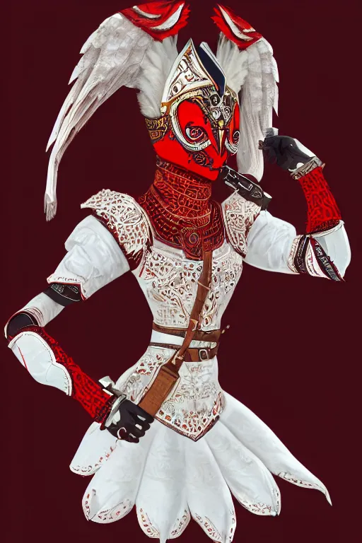 Image similar to female adventurer in tight full - body white embroidered leather armor of vyshyvanka design with red accents and a red porcelain crow mask, trending in artstation, ukrainian, establishing shot