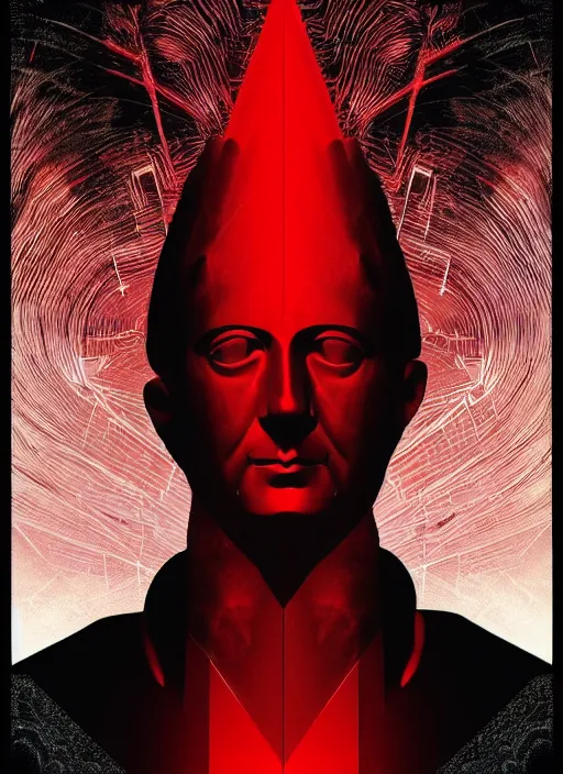 Image similar to dark design poster showing a statue of a roman emperor, black background with very subtle red and purple design elements, powerful, nekro, vito acconci, thin straight lines, dark, glitch art, neo vaporwave, gritty, layout frame, square, extremly detailed, trending on artstation